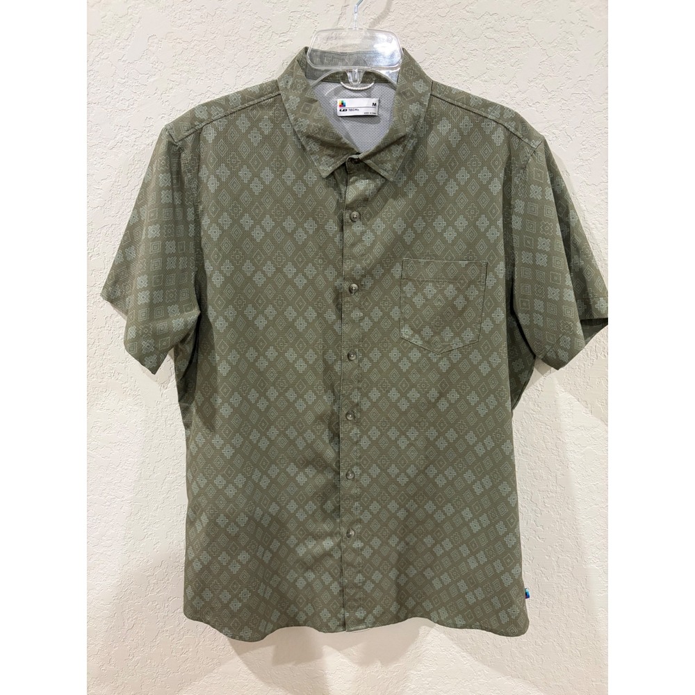 UB Tech Mens Medium Olive Green Geometric Diamond Short Sleeve Button Up Shirt